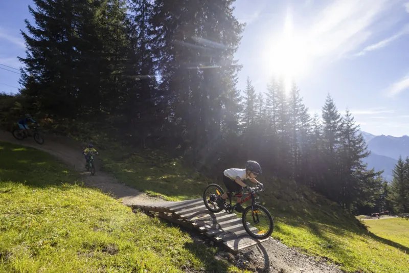 Mountainbiker op een trail met houten obstakels in het Montafon