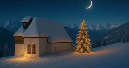 Besneeuwde kapel en kerstboom bij de Silbertaler Bergknappen Weihnacht